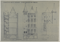 217669 Opstanden en doorsnede van het huis Oudaen (Oudegracht 99) te Utrecht.